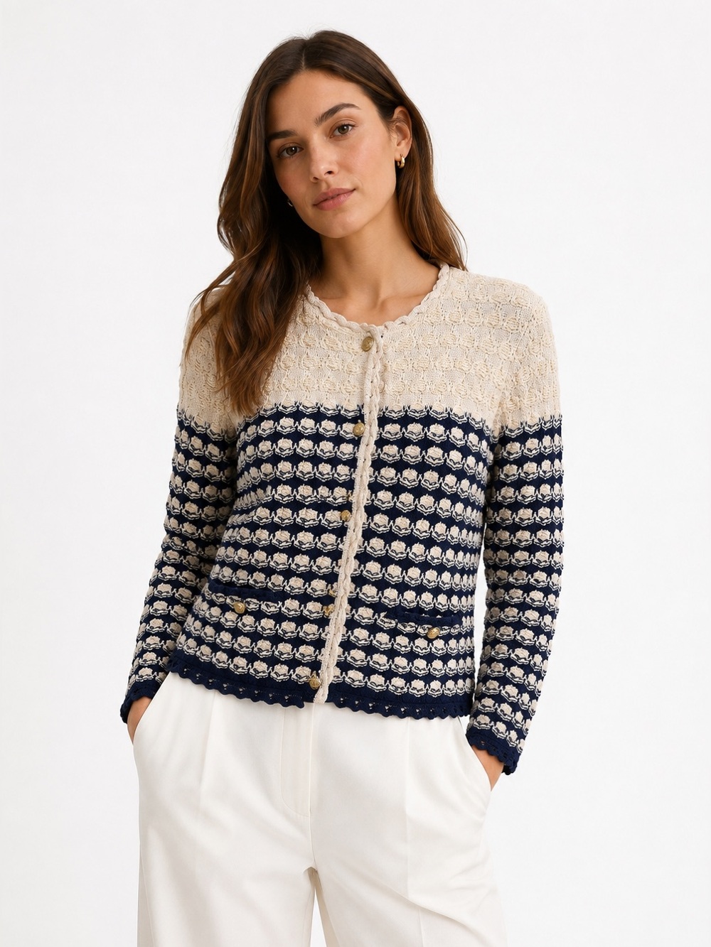 J. CREW Lady Jacket Cardigan Textured Crochet Nave Cream Coastal Sweater L